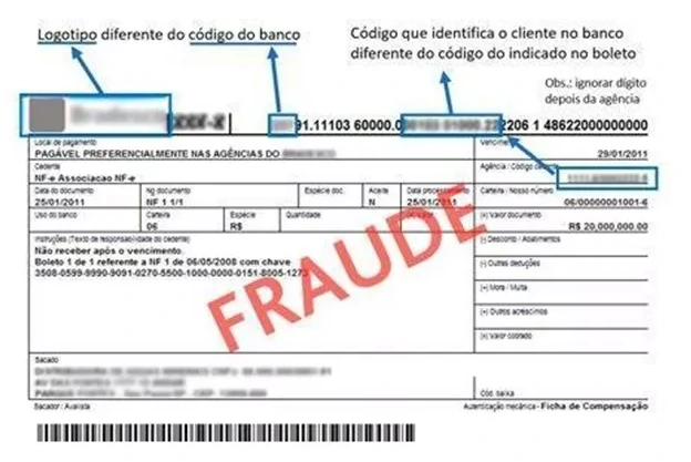 Exemplo de boleto INPI falso com alerta de golpe sobre mesa de escritório